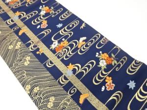 流水に波・草花・縞模様織出し名古屋帯